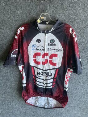 Descente Cycling Jersey Mens XL Red CSC Full Zip Short Sleeve Pockets Bike